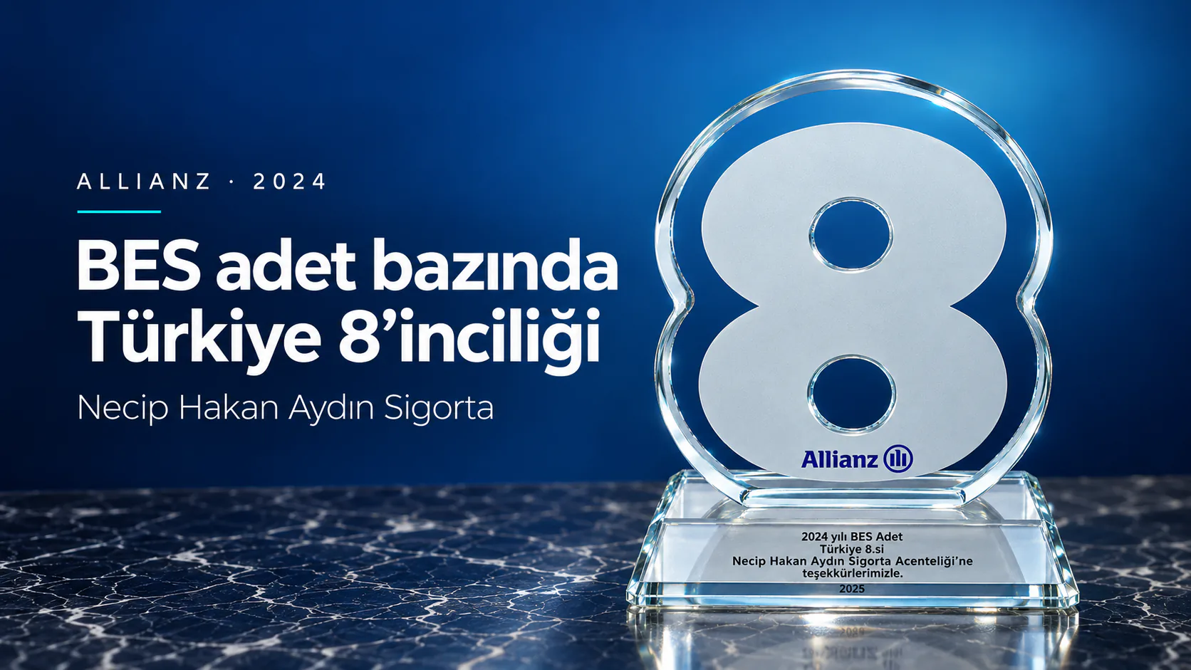 Allianz logolu, 8 rakamı biçiminde cam ödül. Kaidesinde "2024 yılı BES Adet Türkiye 8.si, Necip Hakan Aydın Sigorta Acenteliği'ne teşekkürlerimizle, 2025" yazıyor.