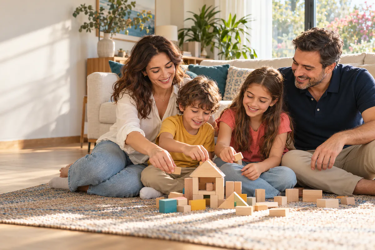 Oturma odasında halıya oturup tahta bloklarla ev yapan anne, baba, kız ve erkek çocuk