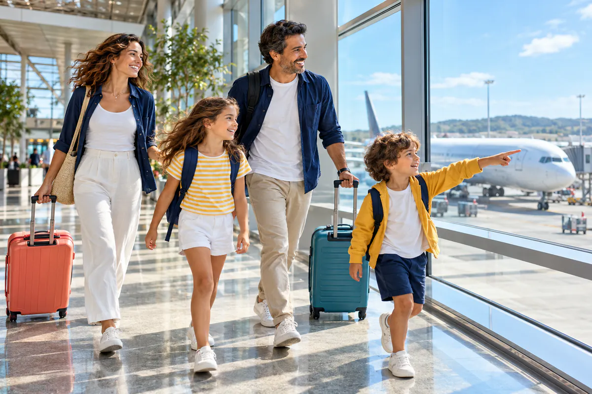 Havalimanında bavullarıyla yürüyen bir aile; erkek çocuk pistteki uçağı gösteriyor